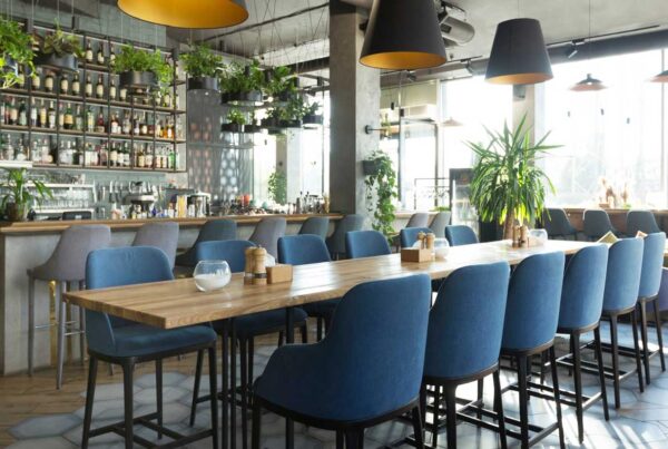 Modern restaurant interior with long wooden tables, blue upholstered chairs, large windows maximizing your PTO with natural light, hanging plants, pendant lights, and a bar stocked with bottles in the background.