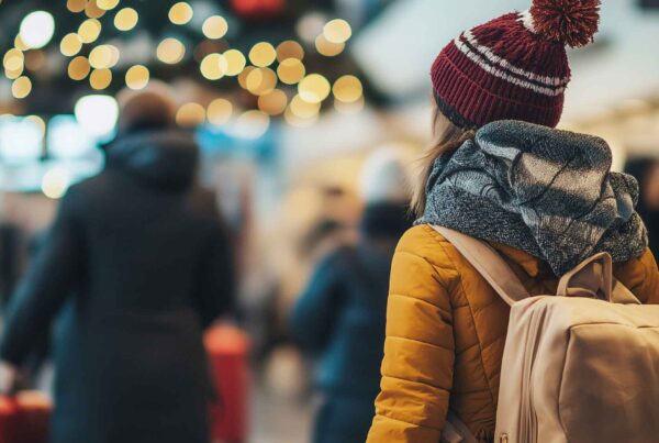 A person wearing a yellow coat, scarf, and red knit hat with a pom-pom stands in a busy indoor setting with a backpack—perfect for those seeking travel tips amid the festive lights and bustling crowd.