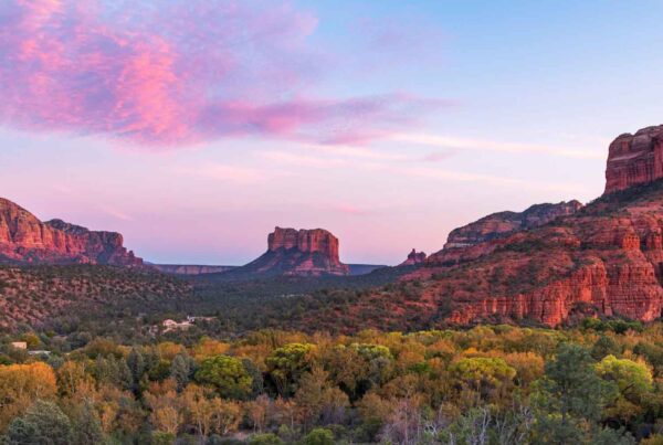 A panoramic view of Sedona, Arizona, perfect for a Family Spring Break, featuring dramatic red rock formations, green forests below, and a colorful sky with pink clouds at sunset.