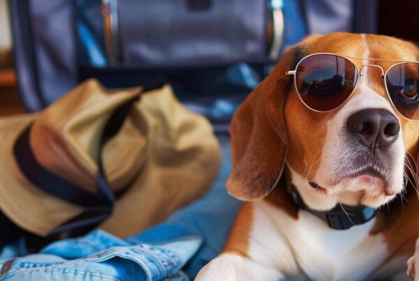 A beagle wearing sunglasses lies in an open suitcase surrounded by hats, clothes, and a red bag, ready for a Family Spring Break adventure.