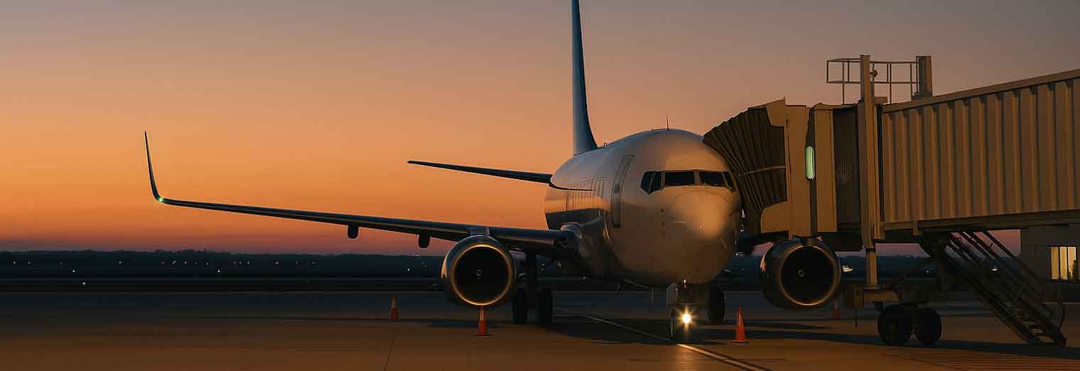 A commercial airplane is parked at an airport gate, connected to a jet bridge, with a warm orange sunset in the background—an inviting scene for travelers seeking Autumn Vacation Values.