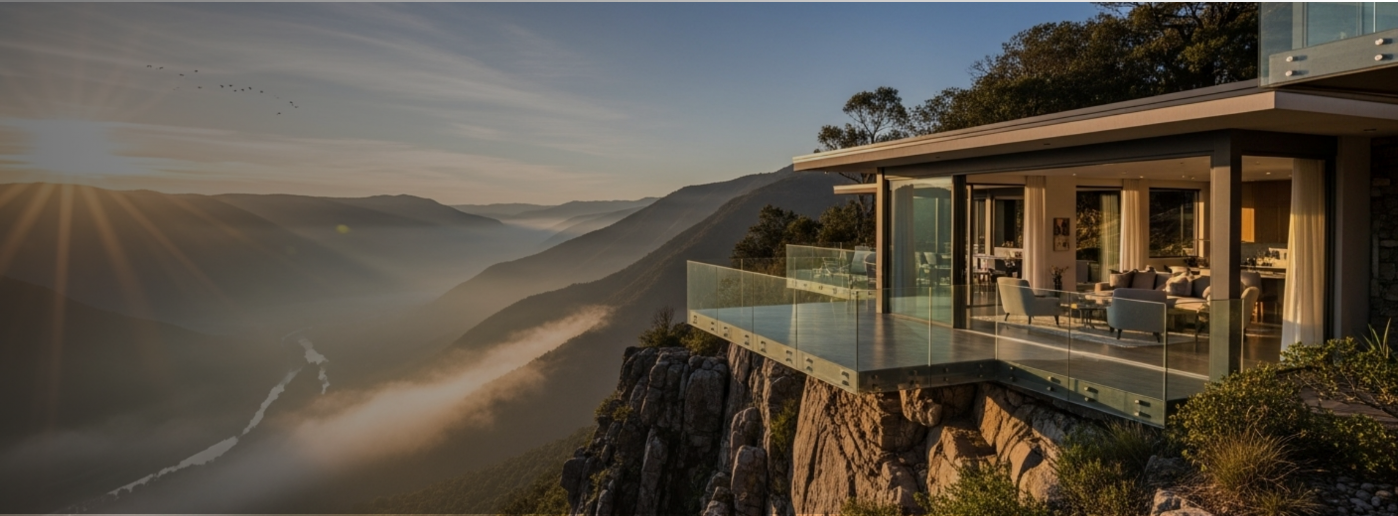 Modern glass house perched on a rocky cliff, overlooking a misty valley and winding river at sunrise—nature’s beauty as effortless as parking at Joe’s Airport Parking before your next adventure.