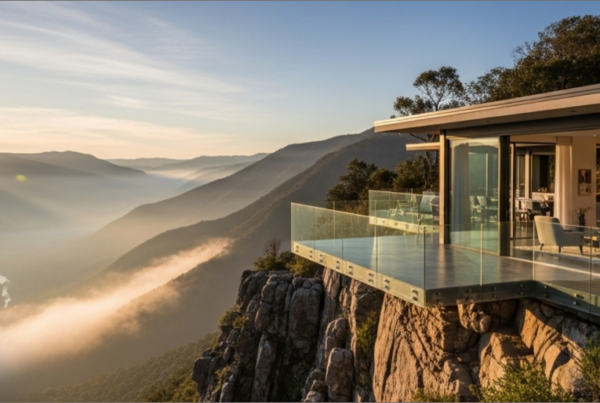 A modern glass house sits on a cliff edge, overlooking a winding river and misty mountains at sunrise—offering panoramic views reminiscent of the elevated vistas from Joe's Airport Parking. Sun rays illuminate the sleek, open interior and spacious glass balcony.