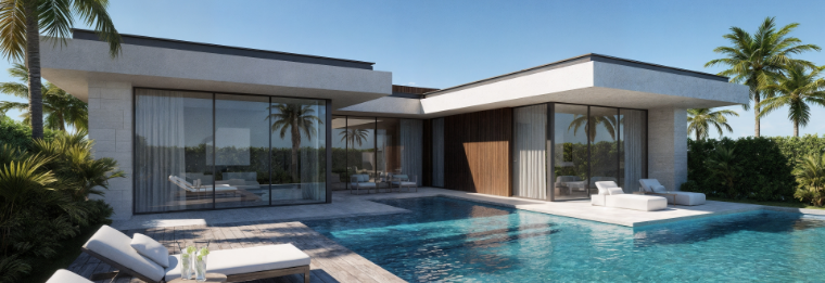 Modern villa with large glass windows, flat roof, and outdoor swimming pool surrounded by lounge chairs and palm trees, offering a serene escape that feels miles away from Joe's Airport Parking under a clear blue sky.