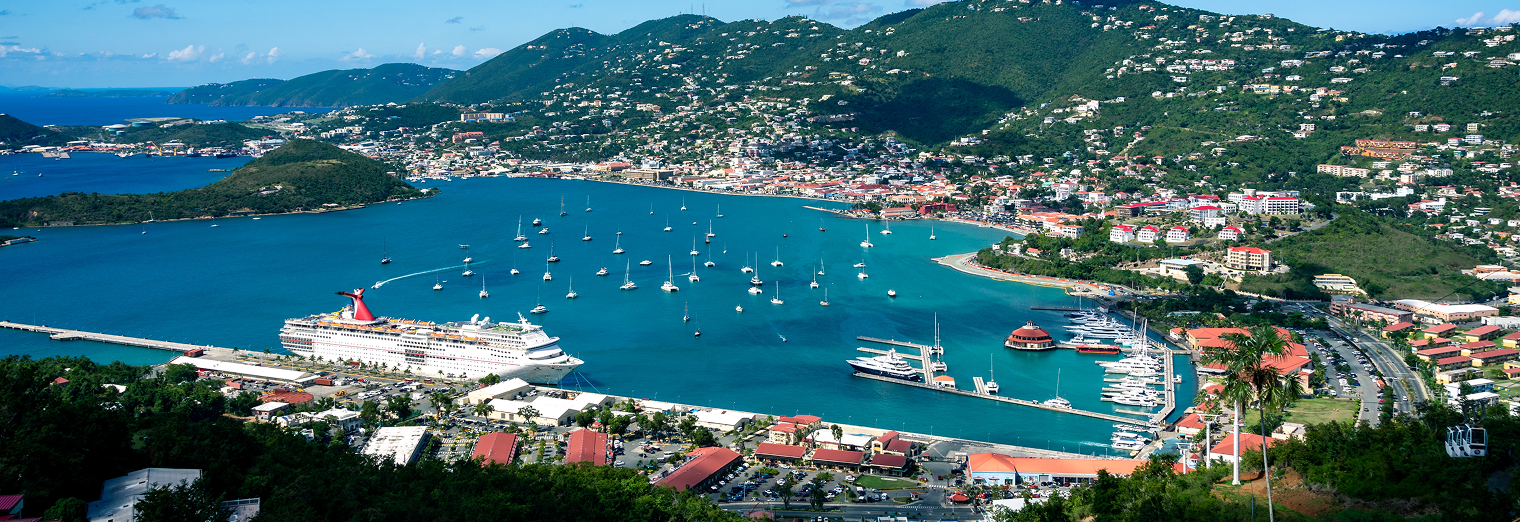 A panoramic view of a coastal city with a harbor filled with boats and yachts, a large cruise ship docked, lush green hills in the background, and numerous buildings—plus a glimpse of Joe's Airport Parking nestled near the busy shoreline under a blue sky.