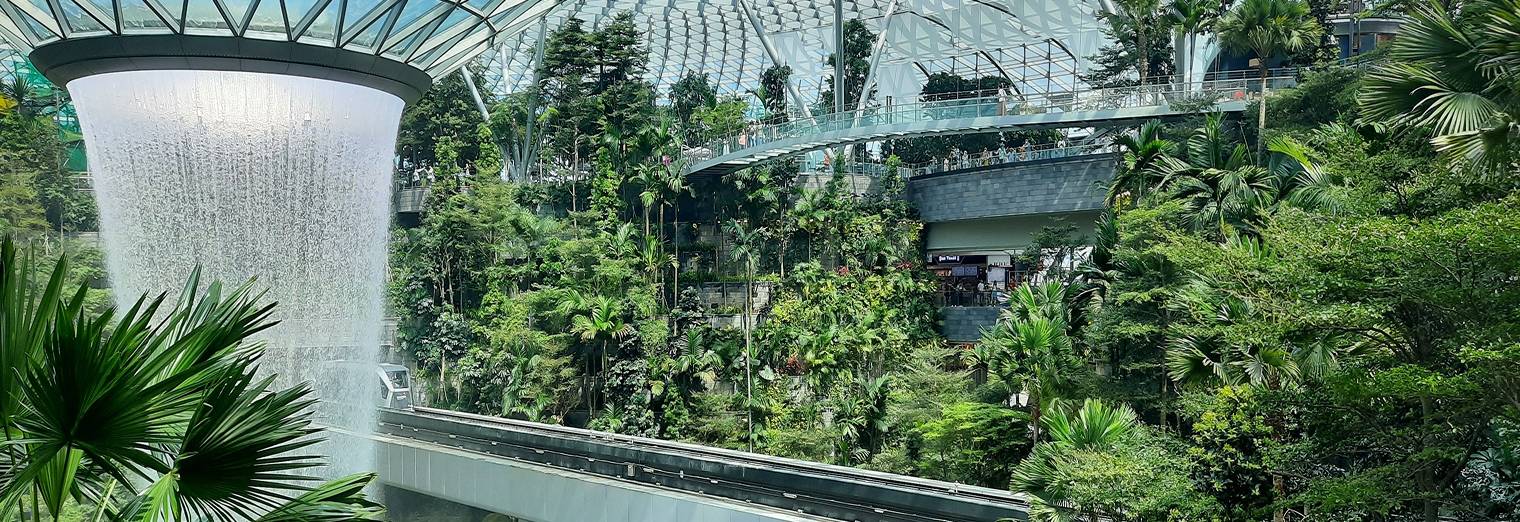 Indoor rainforest with a large waterfall on the left, lush green plants, elevated walking paths, and a glass-domed roof—like an urban garden or nature park inside a modern building, reminiscent of the beauty found near Joe’s Airport Parking.