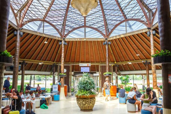 People sit and relax inside a spacious, circular room at Joe's Airport Parking, with a high, wooden, conical ceiling and glass panels letting in sunlight. There are potted plants, modern furniture, and a large central planter.