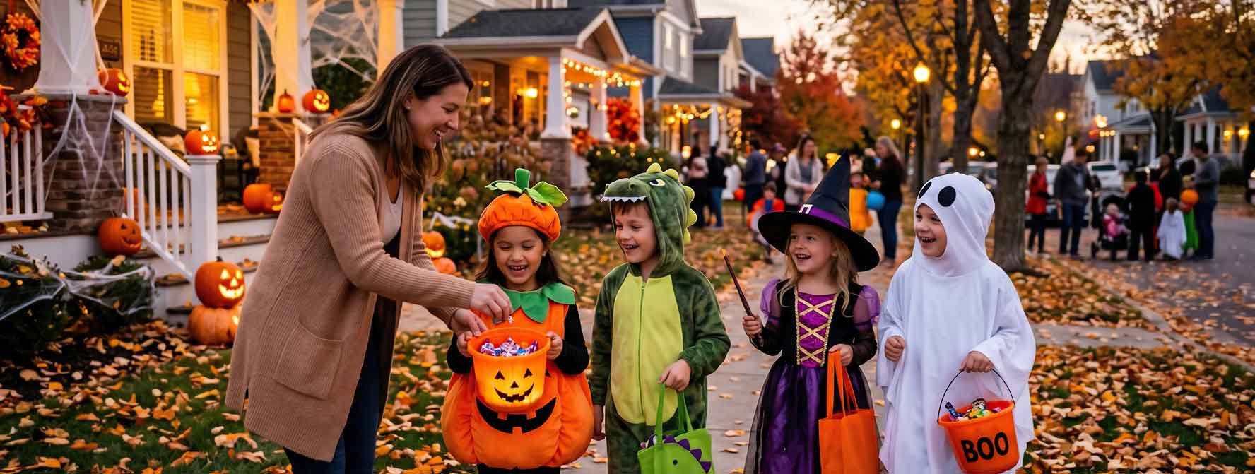 A woman hands candy to four children in Halloween costumes standing on a leaf-covered sidewalk near Joe’s Airport Parking in front of decorated houses.