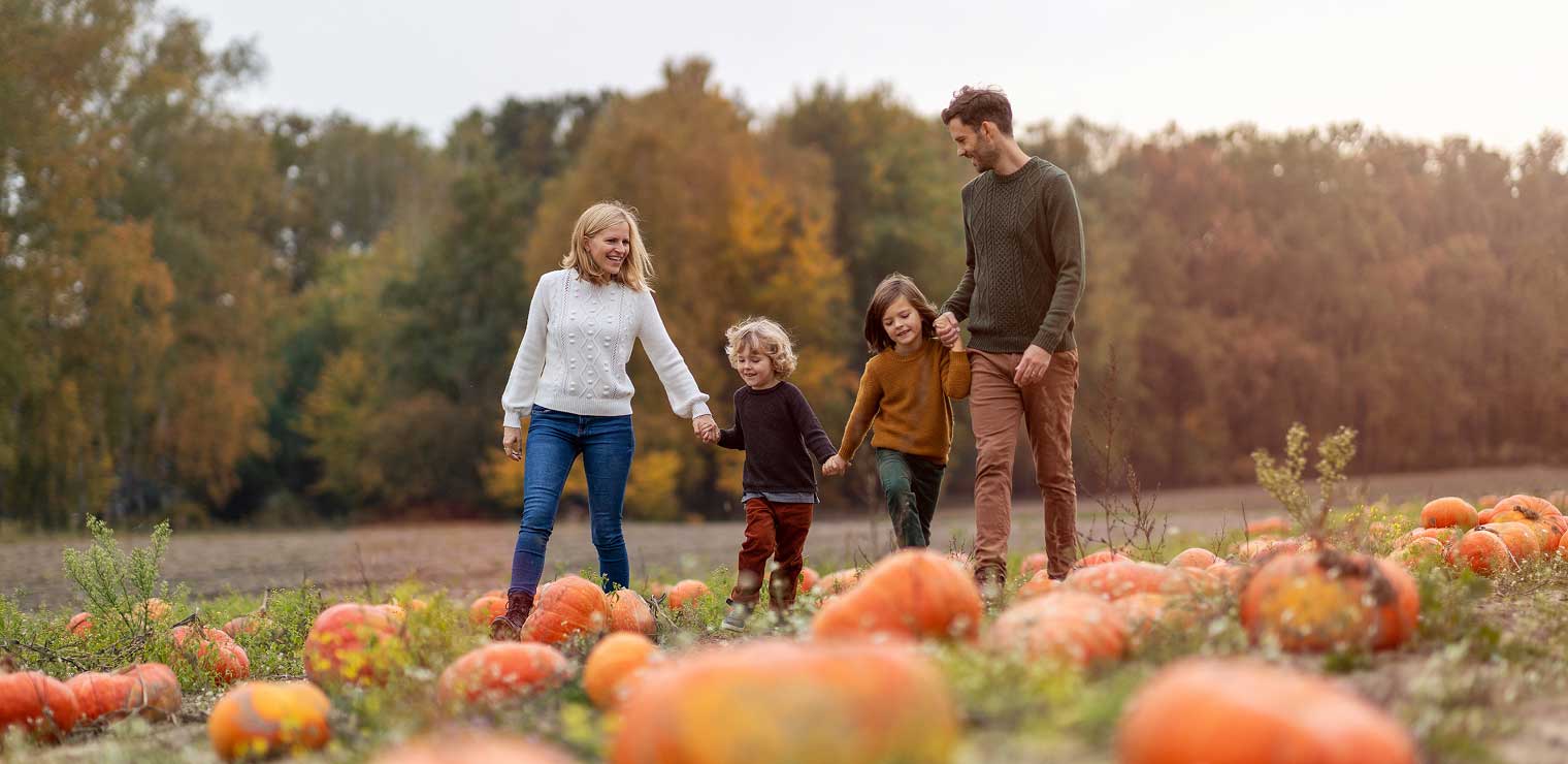 A family of four walking hand-in-hand through a pumpkin patch near Joe’s Airport Parking.