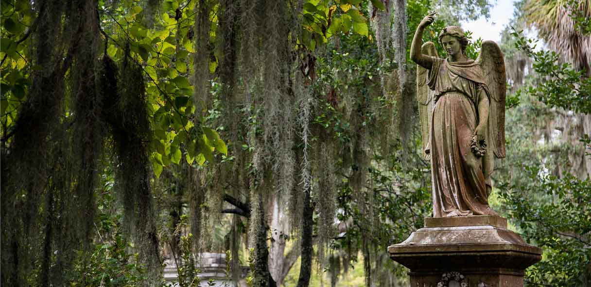A stone angel statue stands on a Joe’s Airport Parking pedestal beneath a tree draped in Spanish moss.